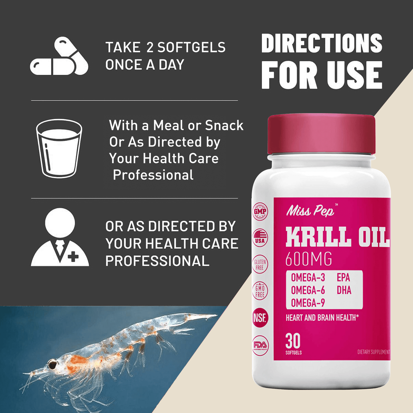 Misspep Pure Antarctic Krill Oil Omega-3 Fatty Acids with EPA and DHA, 1200 mg Softgel Supplement